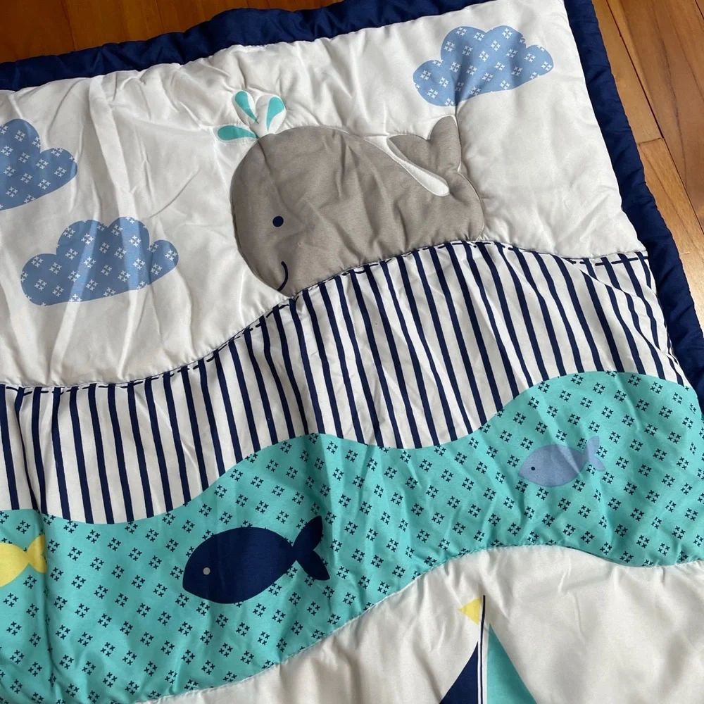 Nursery crib set Nautical Baby Quilt & 2 Crib Skirts BOAT ANCHOR WHALE S…